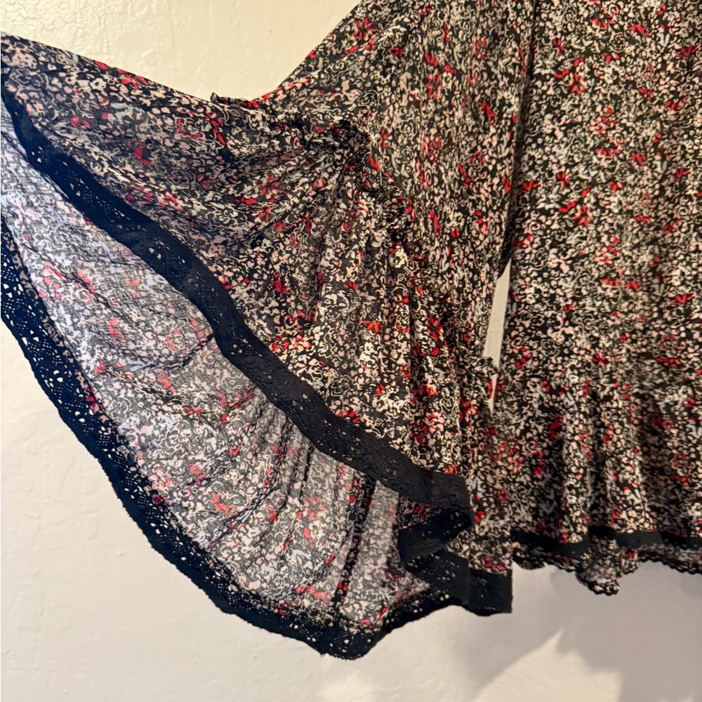 Free People Floral Tie-Front Sheer over Blouse - Black with Red & White Floral - Picture 3 of 5